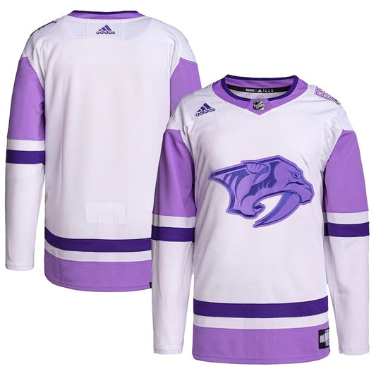 Nashville Predators adidas Hockey Fights Cancer Primegreen Authentic Blank Practice Jersey - White Purple.webp