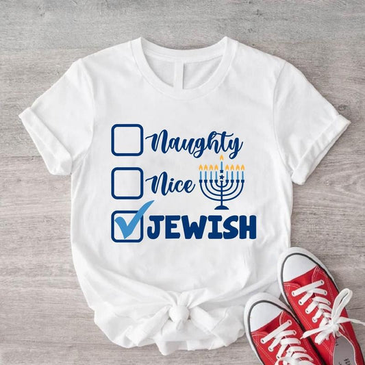 Naughty Nice Jewish Shirt, Funny Hanukkah Shirt, Menorah Candle T-Shirt, Jewish Gift Short Sleeve, Religious Saying Tee....