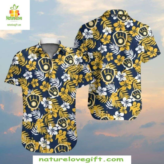 Milwaukee Brewers Hawaiian Shirt Nautical Navy Tropical Floral MLB Baseball Apparel