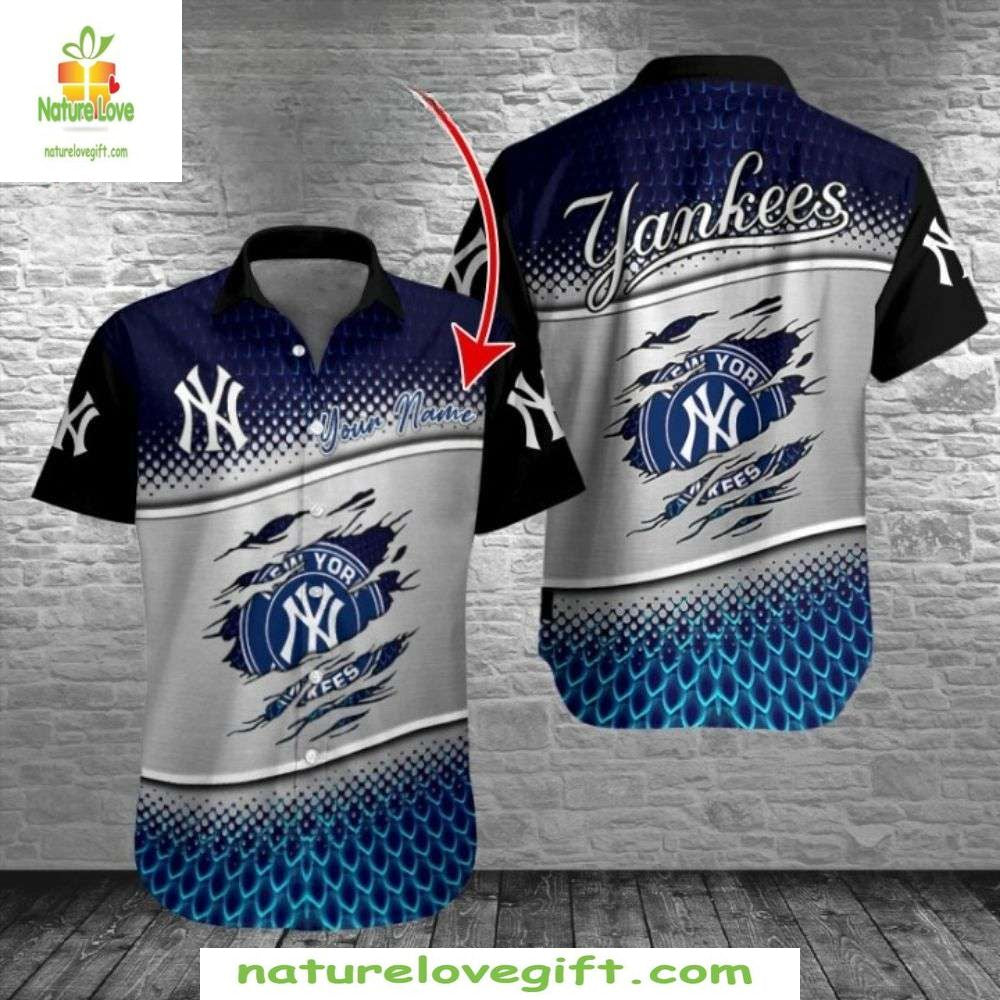 NY Yankees Hawaiian Shirt Custom Name Navy Nautical Baseball Apparel