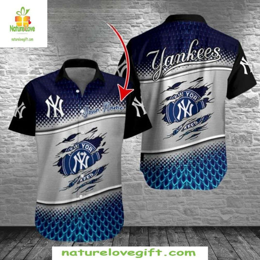 NY Yankees Hawaiian Shirt Custom Name Navy Nautical Baseball Apparel