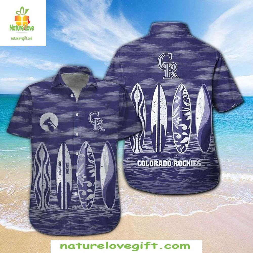 MLB Hawaiian Shirt Nautical Navy Surfboard Rockies Emblem Baseball Apparel