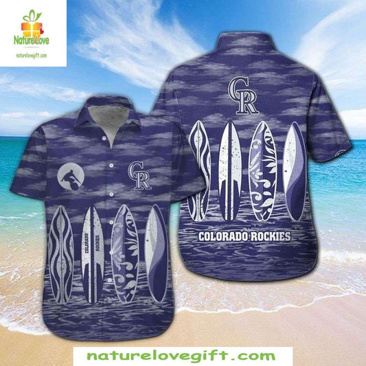 MLB Hawaiian Shirt Nautical Navy Surfboard Rockies Emblem Baseball Apparel