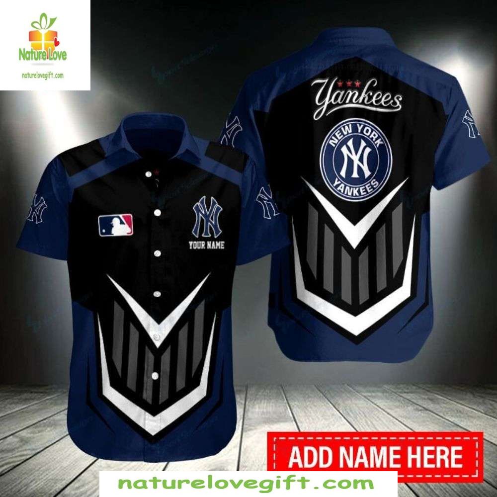 New York Yankees Hawaiian Shirt Navy Black Custom Name Aloha Shirt MLB