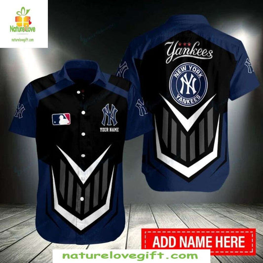 New York Yankees Hawaiian Shirt Navy Black Custom Name Aloha Shirt MLB