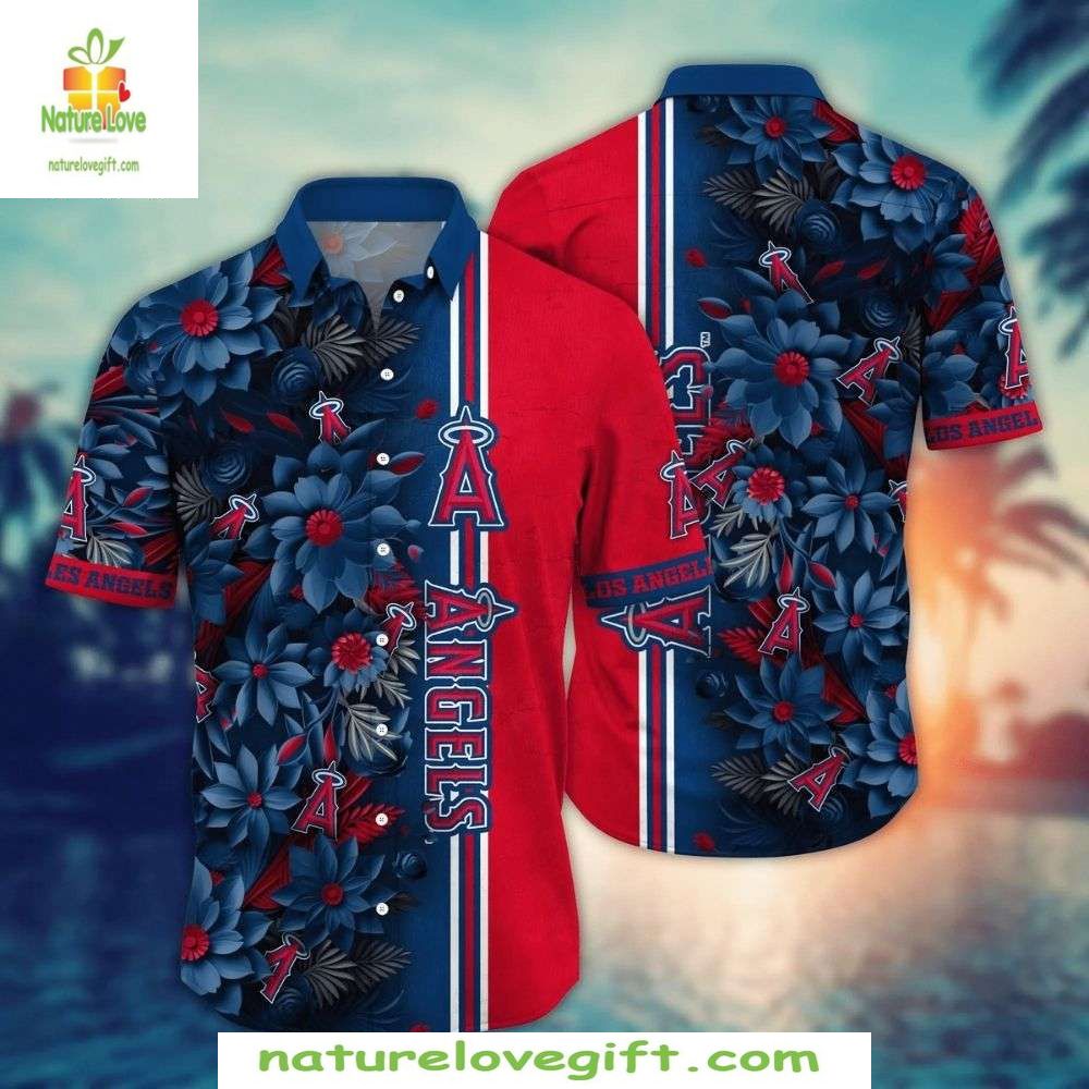 LA Angels Hawaiian Shirt Navy Red Floral Team Logo Stripes Baseball Apparel