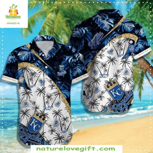 Royals Hawaiian Shirt Navy Blue Palm Crown Detail MLB Baseball Apparel