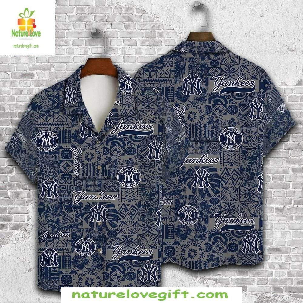 New York Yankees Hawaiian Shirt Navy Blue Tribal Print Aloha Shirt