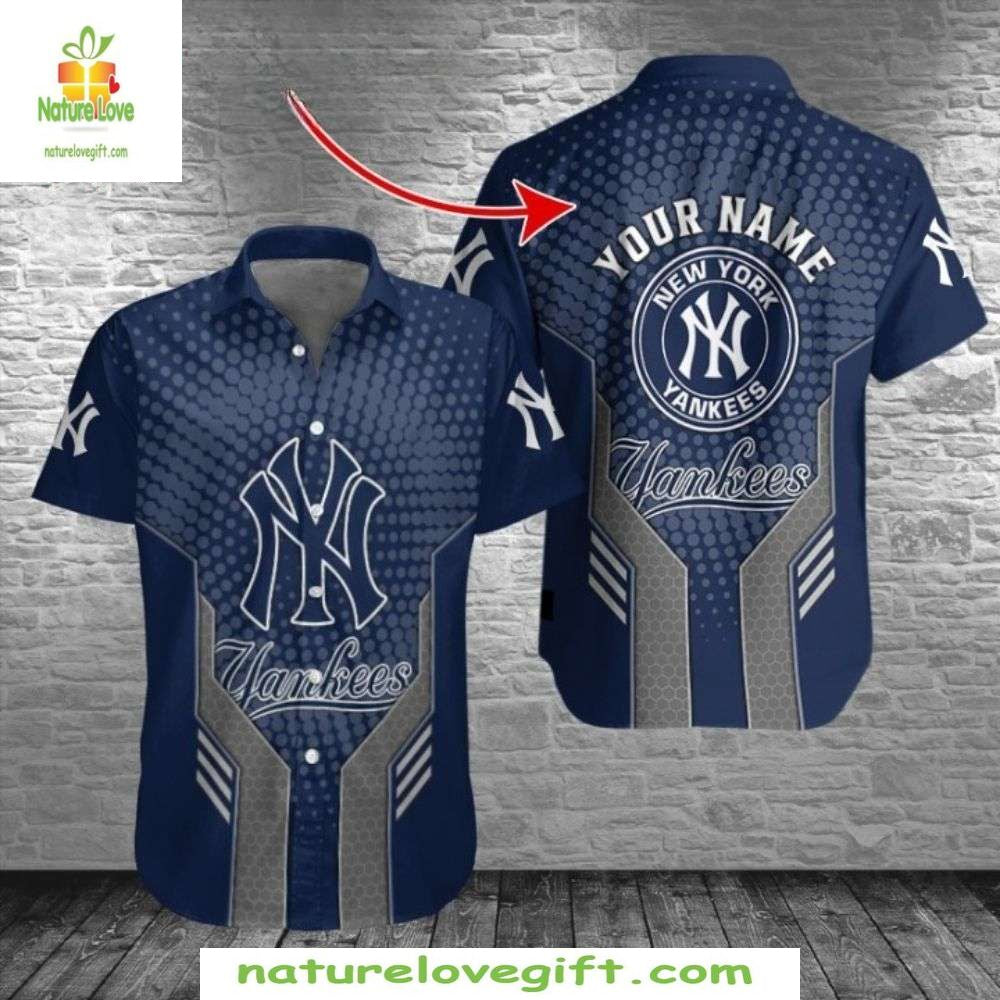 NY Yankees Hawaiian Shirt Navy Dot Gradient MLB Baseball Apparel