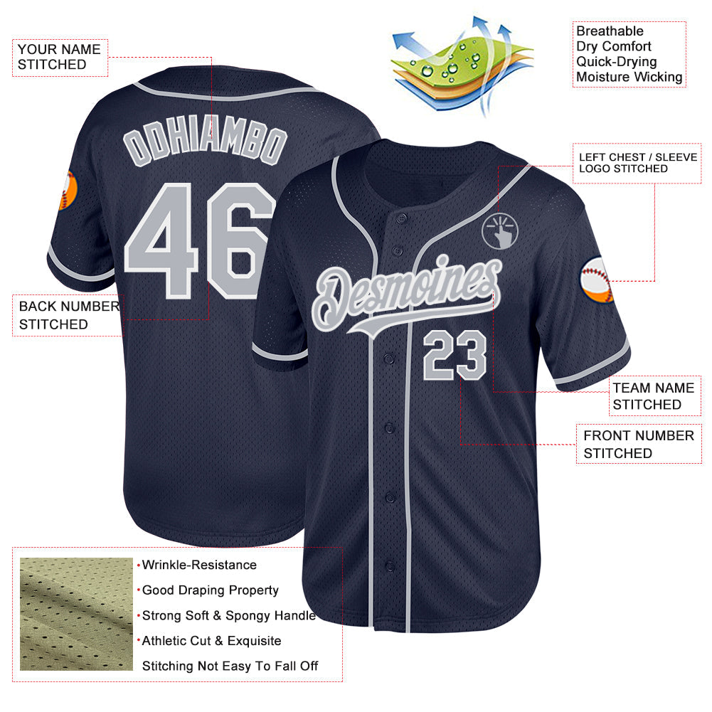 Custom Navy Gray-White Mesh Authentic Throwback Baseball Jersey