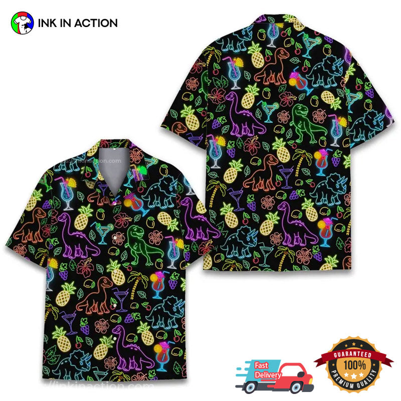 Neon Dinosaur And Cocktail Summer Time Hawaiian Shirt