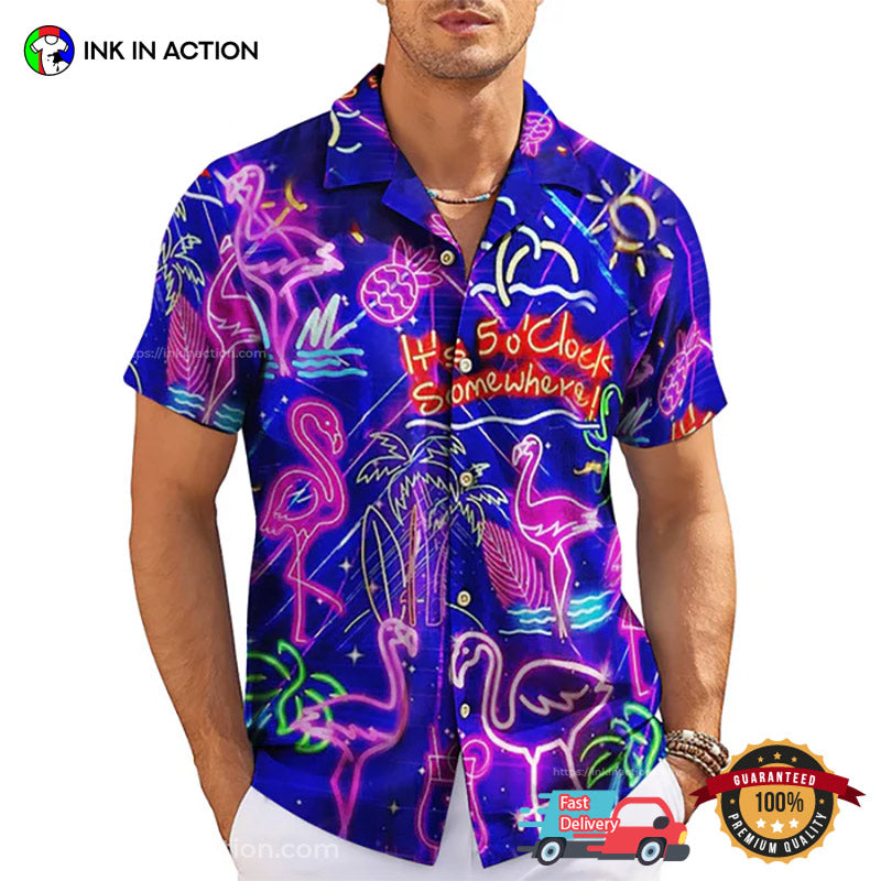 Neon Flamingo Beach Vacation Hawaiian Shirt