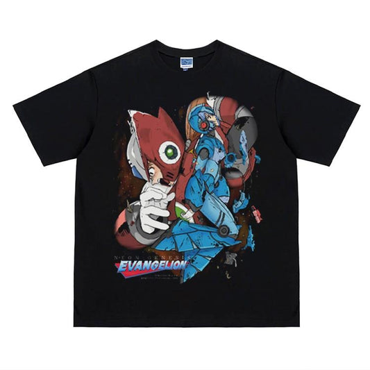 Neon Genesis Evangelion "Asuka Langley" Heavyweight Vintage Tee 100% Cotton OVERSIZED Anime T-shirt Menswear Top Crew Necks Tshirt Casual Streetwear Black Crewneck Tropical Shortsleeve Baggy Bestie Loose