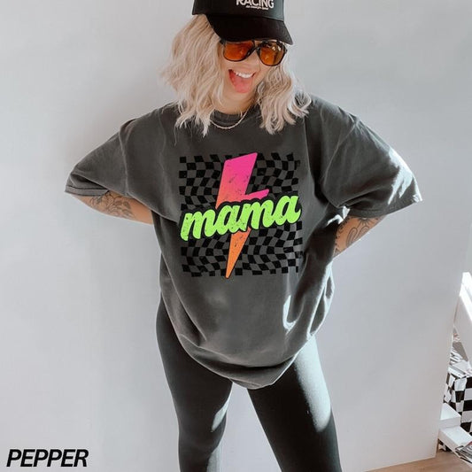 Neon Mama Comfort Colors Shirt, Checkered Mama Shirt, Lightning Bolt Shirt, Mothers Day Gift, Retro Checkered Mom Tshirt,...