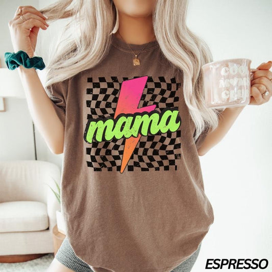 Neon Mama Shirt, Checkered Mama Shirt, Lightning Bolt Shirt, Mothers Day Gift, Retro Checkered Mom Tshirt, Comfort Colors...