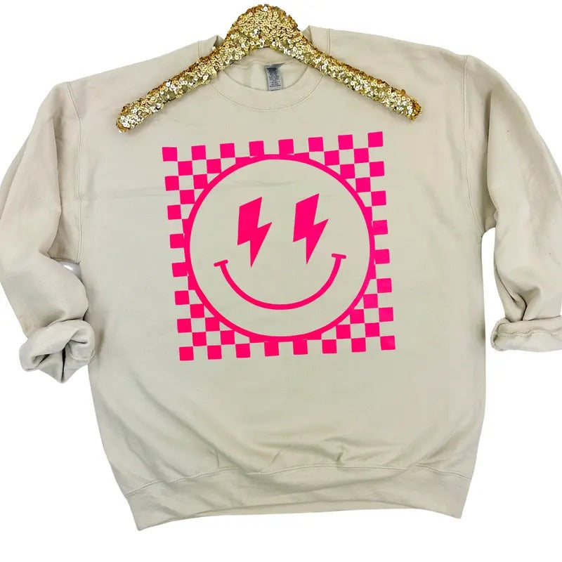 Neon Pink Checkered Happy Face Sweatshirt T-Shirts, Hoodie | InkThreadWorks.com