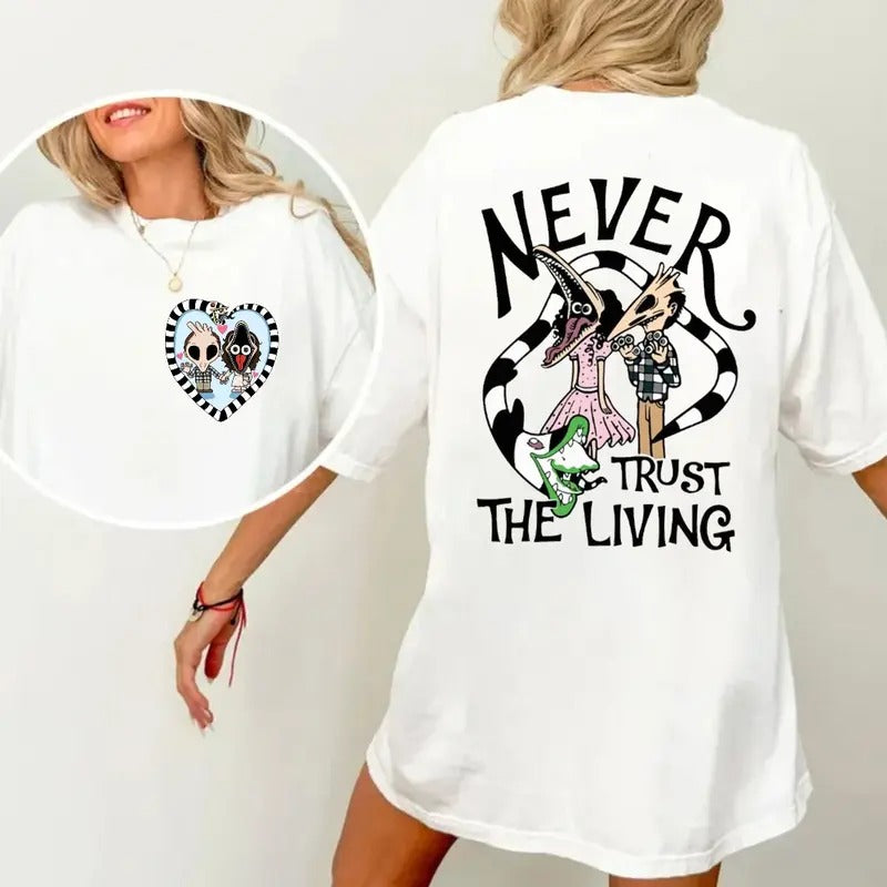 Nev3r Trust The Liv1ng Two Sides Shirt, Halloween Beetle, It's Show Time Horror, Ad.A.M And Bar.B.Ara Shirt, Unisex...