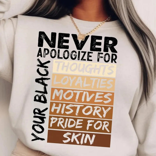 Never Apologize Black History Month Tshirt Sweatshirt Hoodie, African American Shirt, Juneteenth Sweatshirt, Unisex Sweater Pullover Tee