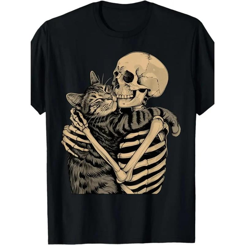 New Stylish Skeleton Hugging Cat Print for Men Women Couple Fashion T-Shirt, Street Short Sleeve Cotton T-Shirt, Comfort-Fit Crew Neck T-Shirt-Ultra-Soft, Breathable, Moisture-Wicking, Casual Summer Tee- Gift for Family, Friends Made in USA