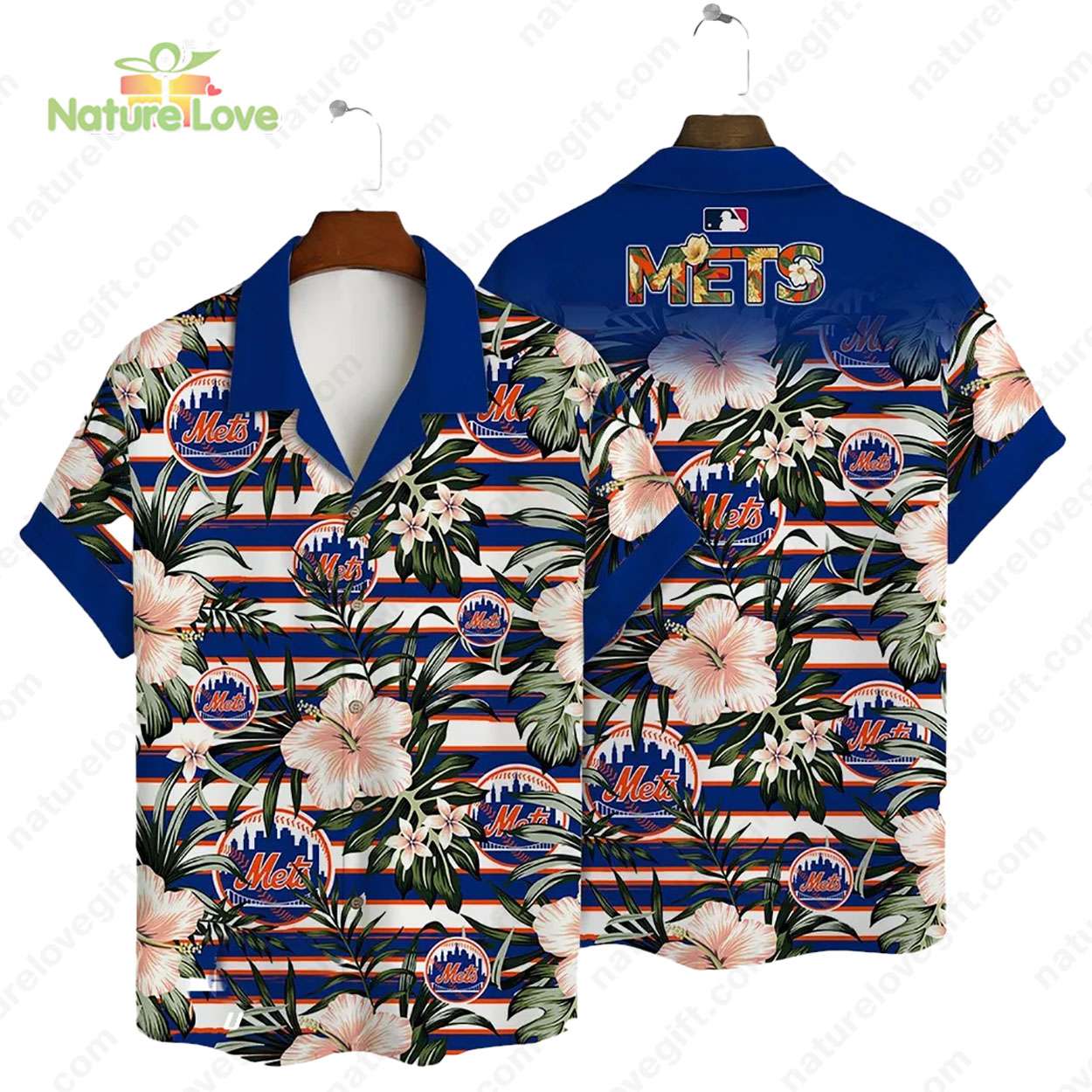 New York Mets Hibiscus Tropical Flowers Stripe MLB Hawaiian Shirt