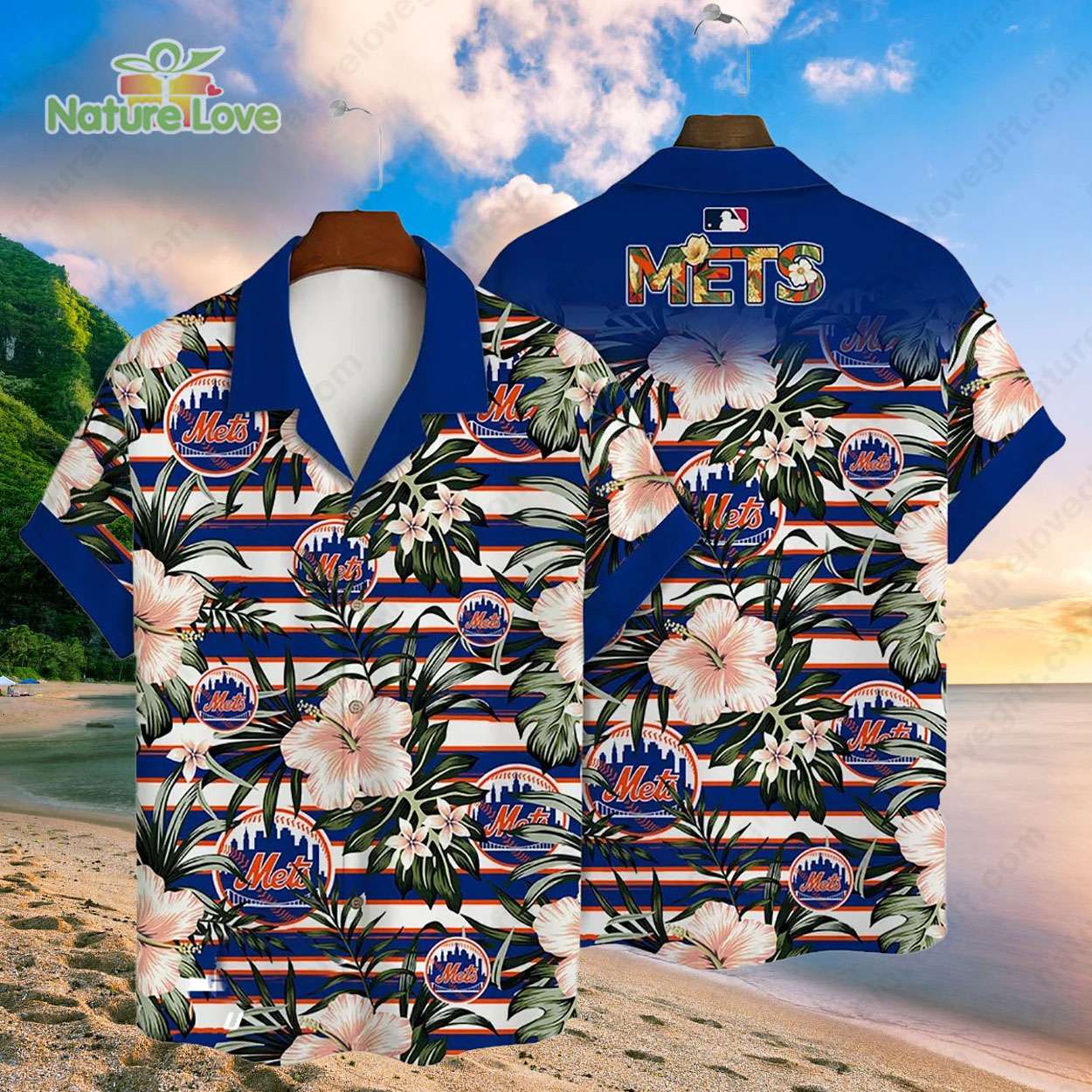 New York Mets Hibiscus Tropical Flowers Stripe MLB Hawaiian Shirt