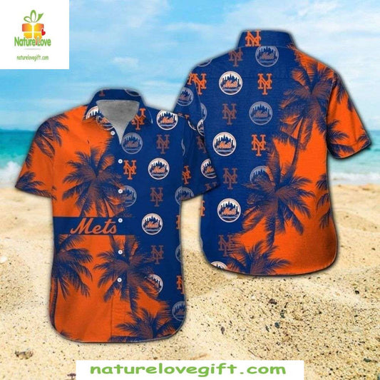 New York Mets Hawaiian Shirt Oceanfront Stripe Aloha Blue Orange MLB