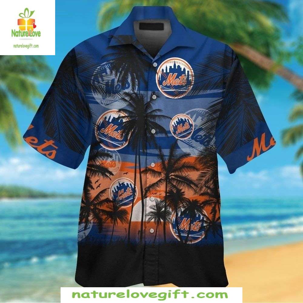New York Mets Hawaiian Shirt NY Skyline Sunset Palms Baseball Apparel