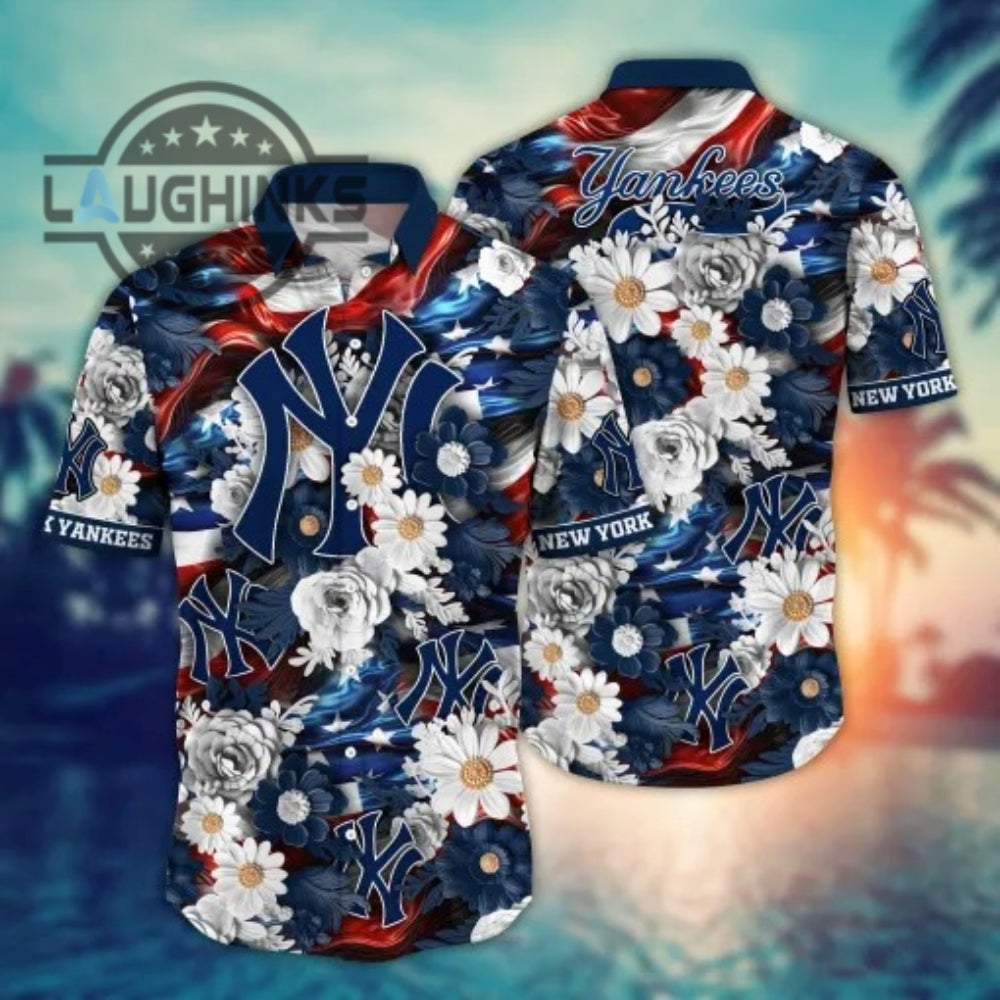 New York Yankees Flower Summer Shirt Yankees Hawaiian Shirt Ny Yankees Button Up Shirt And Shorts Mlb Baseball Aloha Beach Shirt