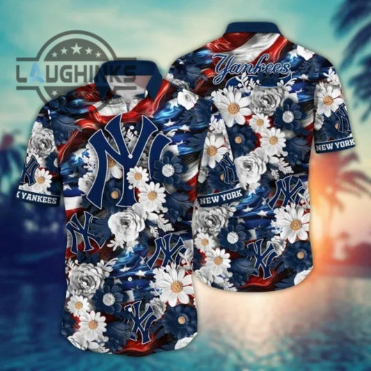 New York Yankees Flower Summer Shirt Yankees Hawaiian Shirt Ny Yankees Button Up Shirt And Shorts Mlb Baseball Aloha Beach Shirt