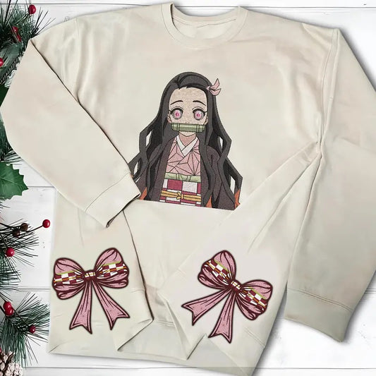 Nezuko Embroidered Sweatshirt with Side Bow, Nezuko Kamado Shirt, Demon Slayer Hoodie, Kimetsu No Yabai Merch, Anime Apparel for Fan,New Style Embroidered Shirt