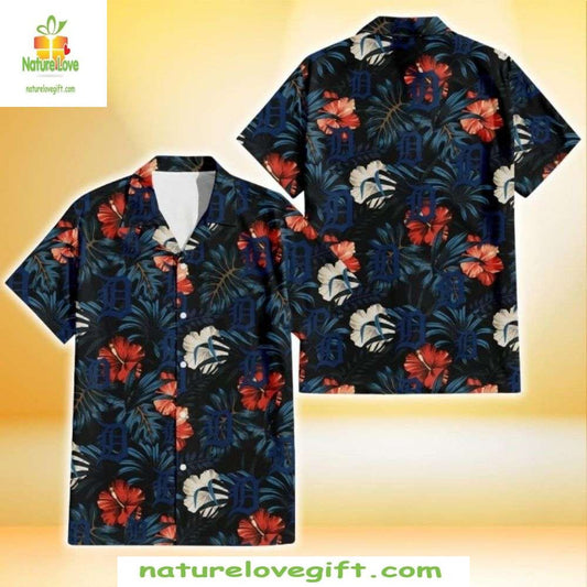 Detroit Tigers Hawaiian Shirt Nighttime Hibiscus Dark Leaf Baseball Apparel