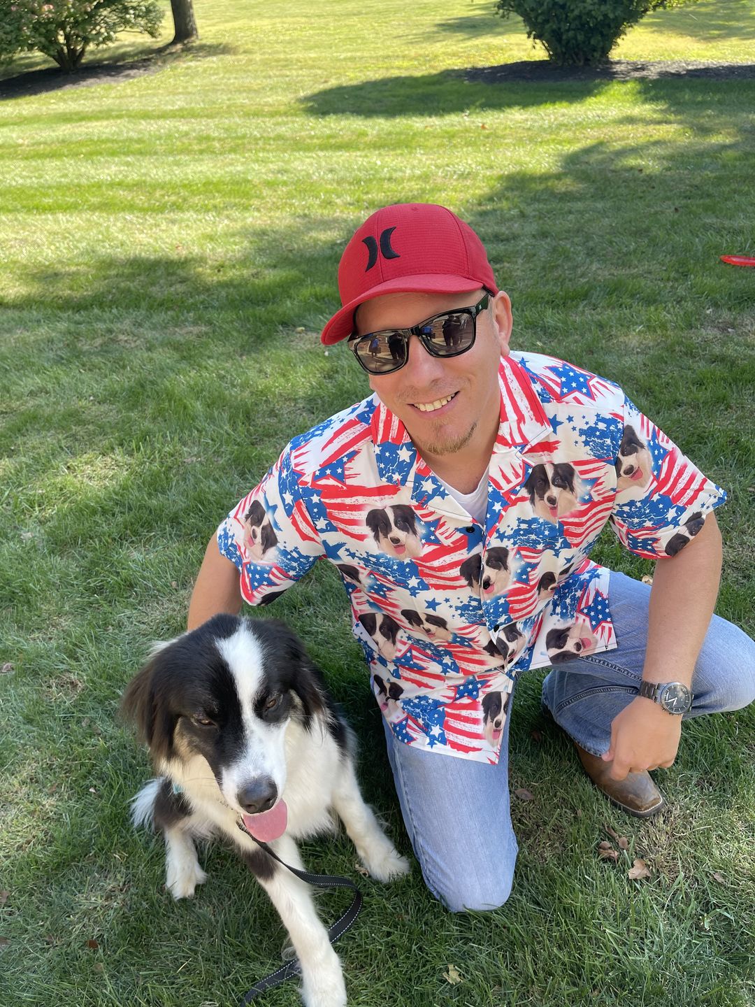 Custom Hawaiian Shirt With Pet Face | Personalized Gift For Pet Lovers | Red & Blue Leaves Pattern Aloha Shirt