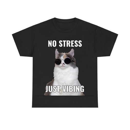 No Stress Just Vibing Funny Cat Tee, Meme Cat Tee