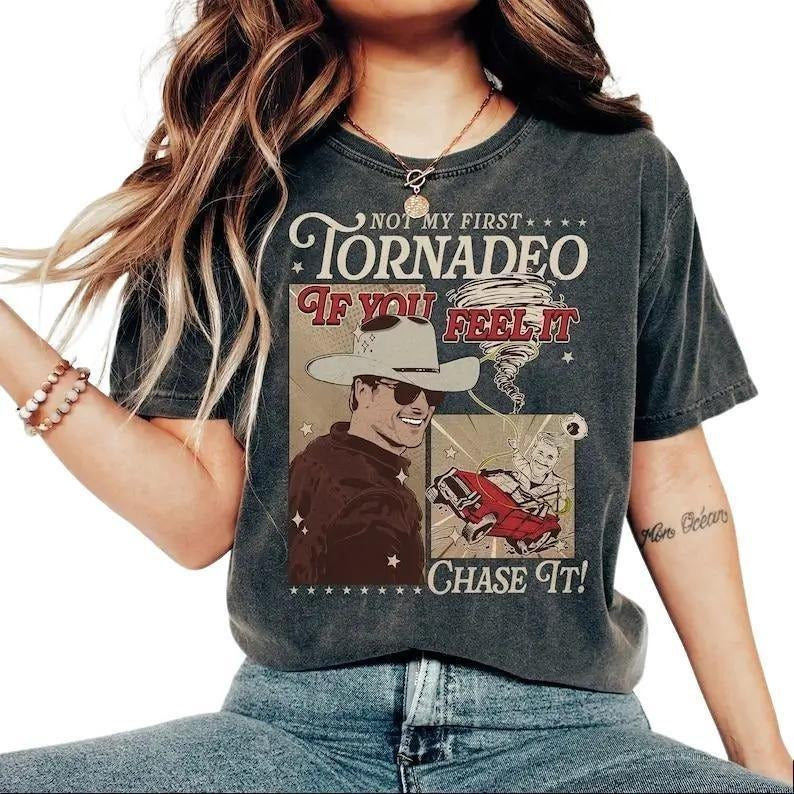 Not My First Tonadeo If You Feel It Chase It, Glen Powel Shirt - Twiters Shirt, Tyler Owens Shirt Glen Powell Shirt, Tyler Owens Twisters - Vintage Glen Powell Homage Shirt, Twisters Movie, Not My First Tornado - Underwear Streetwear Tshirt Fabric Top