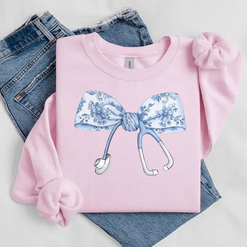 Nurse Coquette Toile bow Shirt, RN, Unisex Stethoscope Crewneck Sweatshirt, Nursing School, Nurses Week Appreciation Hoodie