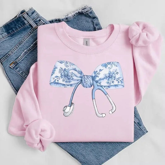 Nurse Coquette Toile bow Shirt, RN, Unisex Stethoscope Crewneck Sweatshirt, Nursing School, Nurses Week Appreciation Hoodie