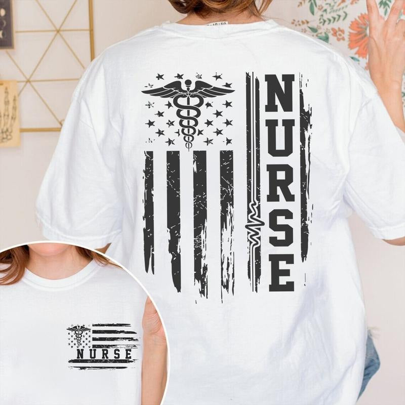 Nurse Flag T-shirt, American Flag Nurse Shirt, Nursse Appreciation Gift, Full-Color Casual Womenswear Top, Perfect Gift, For Men, For Women