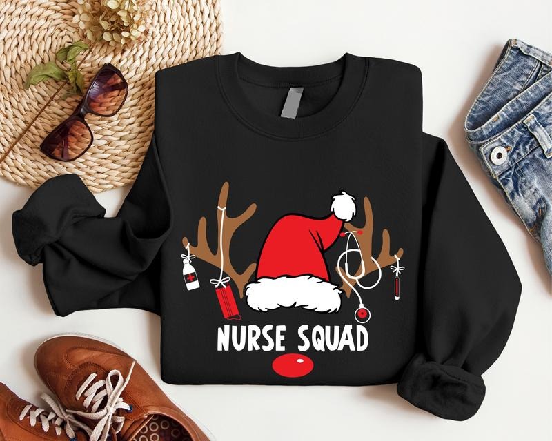 Nurse Squad Christmas Sweatshirt, Matching Christmas Nursing, Reindeer Nurse Sweater, Nursing School Xmas Gift Hoodie,...
