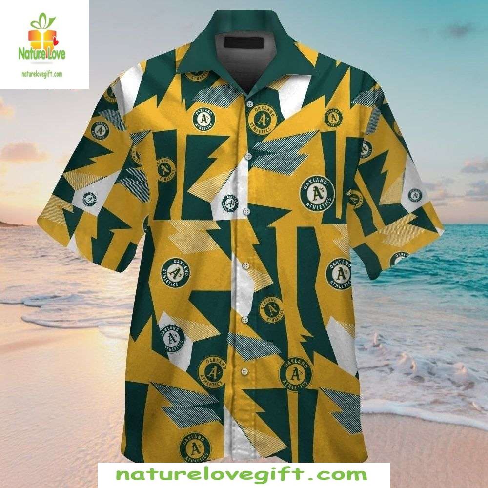 Oakland A’s Hawaiian Shirt Geometric Gold Green Tropical Baseball Apparel