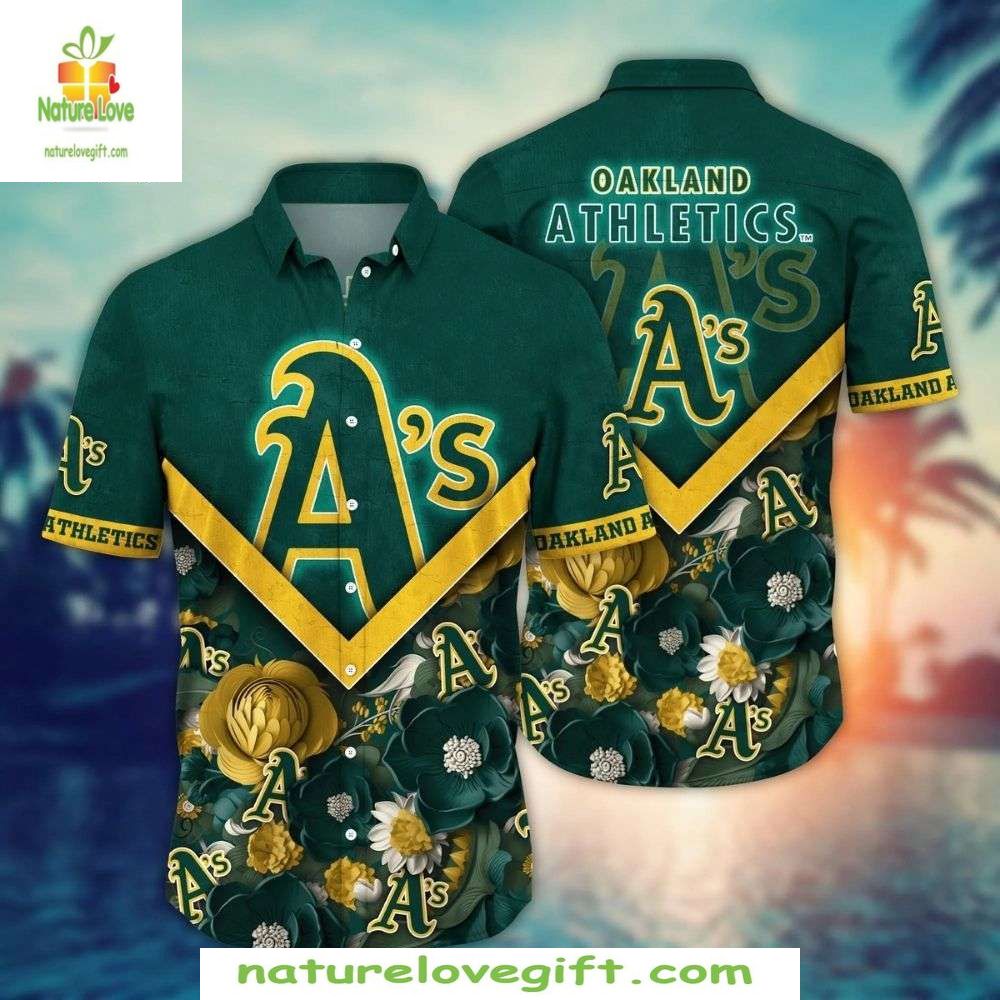 Oakland A’s Hawaiian Shirt Yellow Green Hibiscus Flowers MLB Baseball Apparel