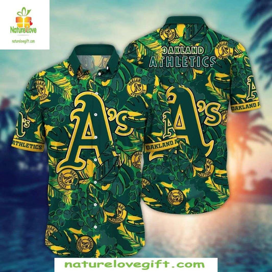 Oakland A’s Hawaiian Shirt Green Tropical Leaf MLB Baseball Apparel
