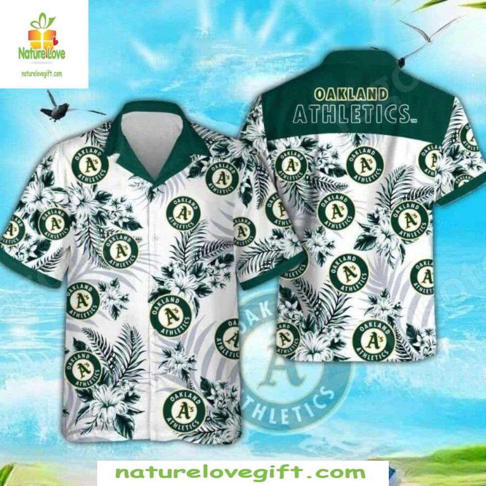Oakland Athletics Hawaiian Shirt Monochrome Leafy Design MLB Baseball Apparel