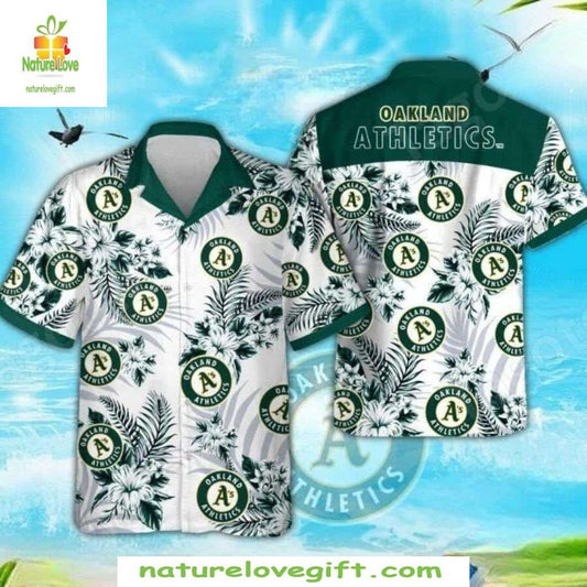 Oakland Athletics Hawaiian Shirt Monochrome Leafy Design MLB Baseball Apparel