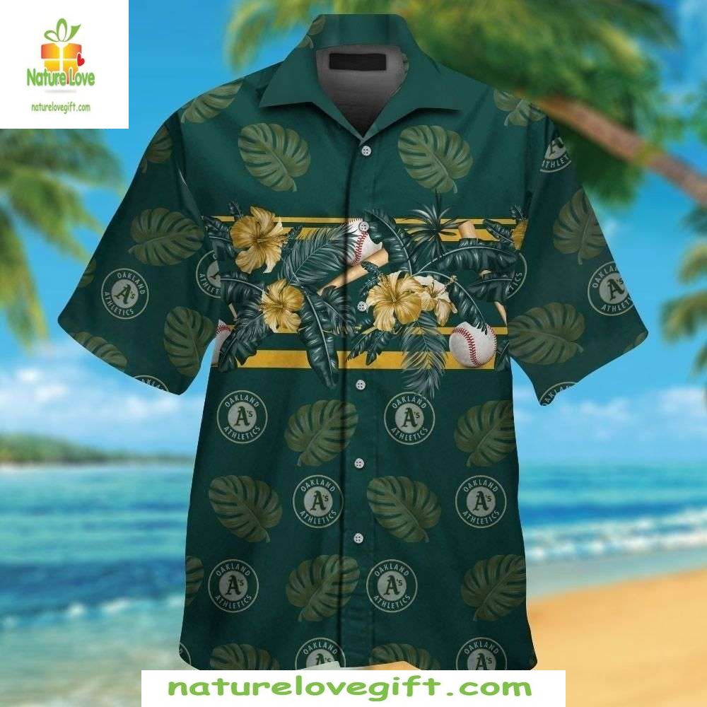 MLB Oakland Athletics Hawaiian Shirt Baseballs Tropical Leaves Aloha Shirt