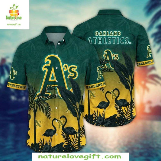 Oakland Athletics MLB Hawaiian Shirt Flamingo Sunset Green Tropical Baseball Apparel