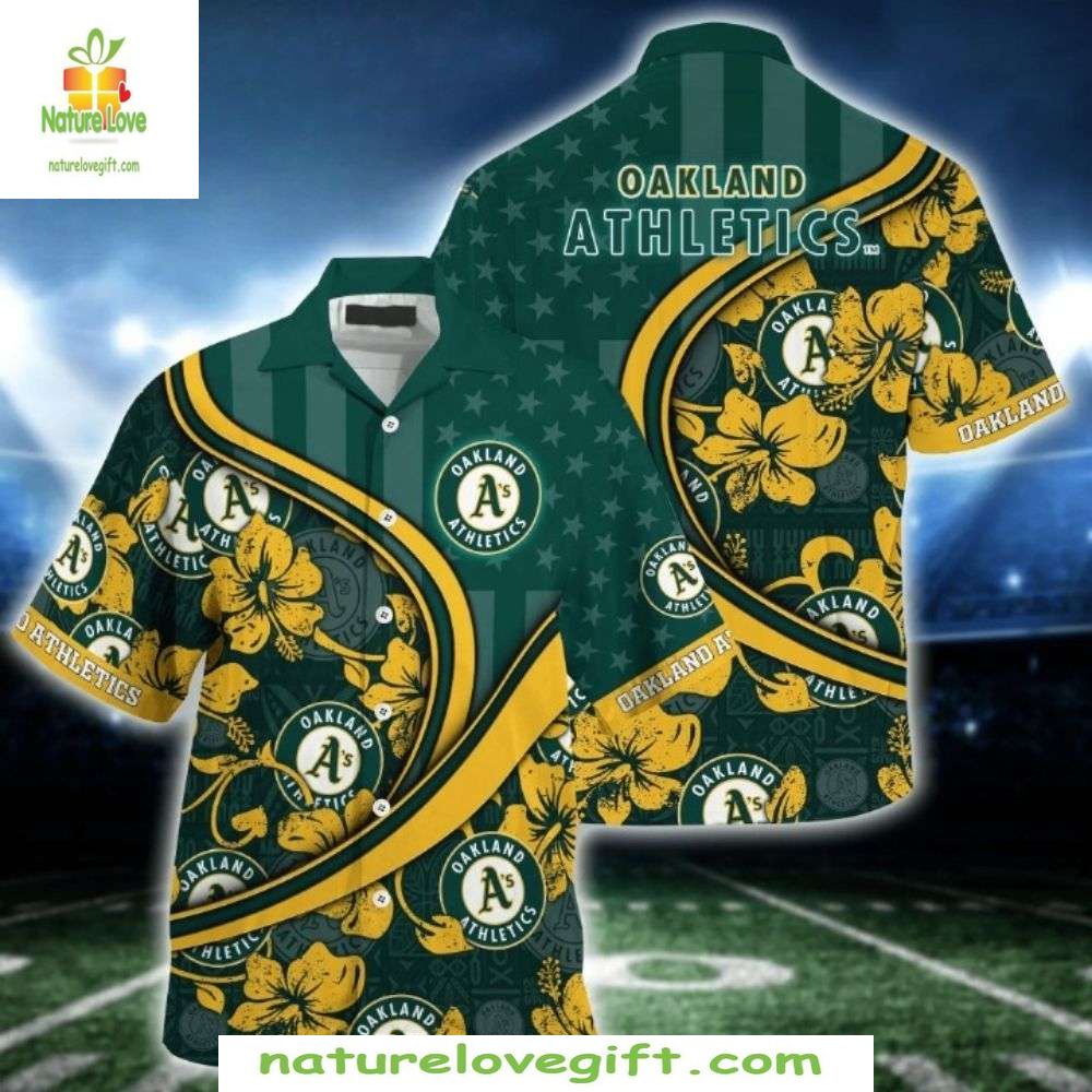 Oakland Athletics MLB Hawaiian Shirt Golden Hibiscus US Flag Pattern