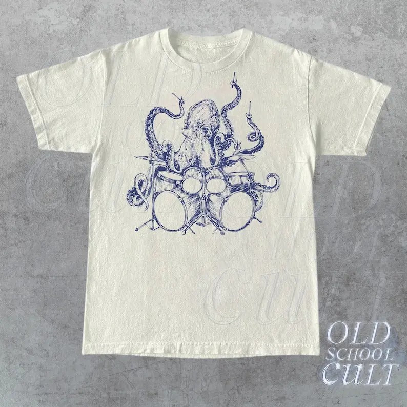 Octopus Playing Drums Retro T-Shirt, Octopus Vintage Tattoo Style Shirt, Unisex Funny T Shirt, 90s Graphic Tee, Octopus Drummer Music Gift