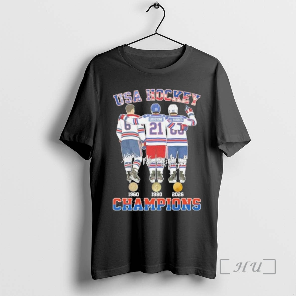 Officials Herb Brooks Mike Eruzione And Jack Hughes Usa Hockey Champions Premium T Shirts Sweater