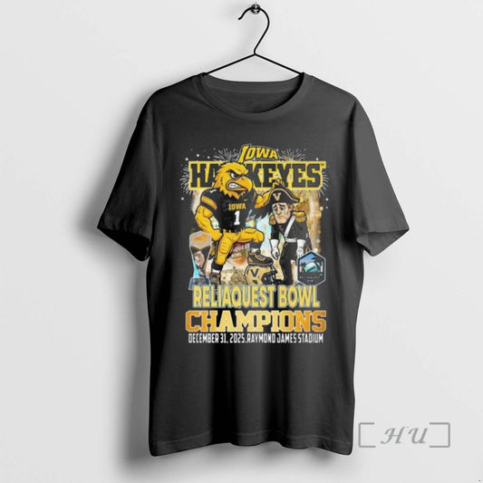 Officials Iowa Hawkeyes Reliaquest Bowl Champions 2025 Mascot T-Shirts, Hoodie, Sweatshirt | InkThreadWorks.com