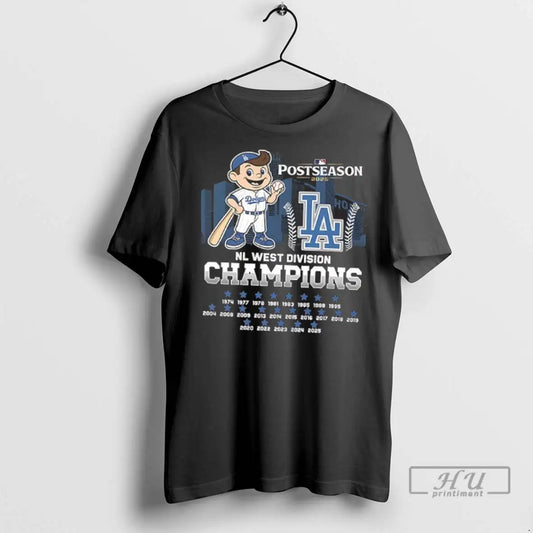 Officials Los Angeles Dodgers 2025 Nl West 23x Champions Mascot 2 Sided T Shirts